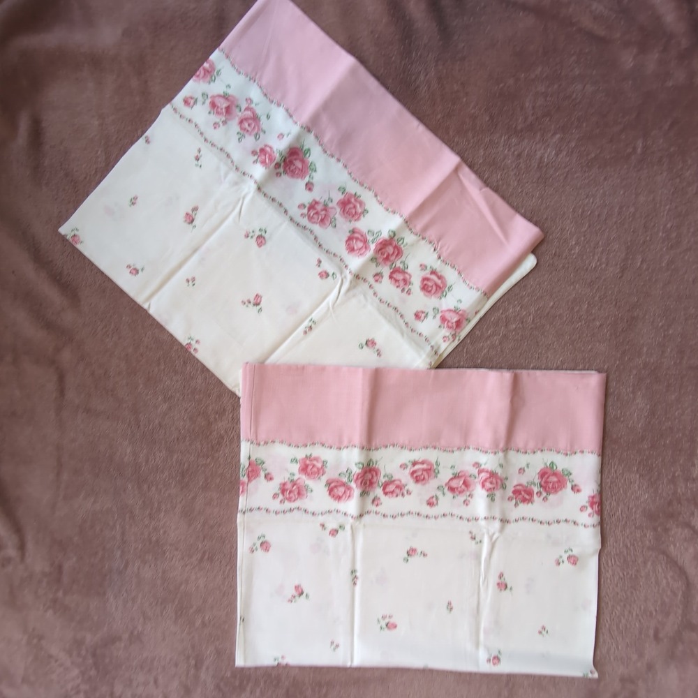 Vintage Pink Rose Floral Standard Pillowcase Pair Cottagecore Shabby Chic Unused